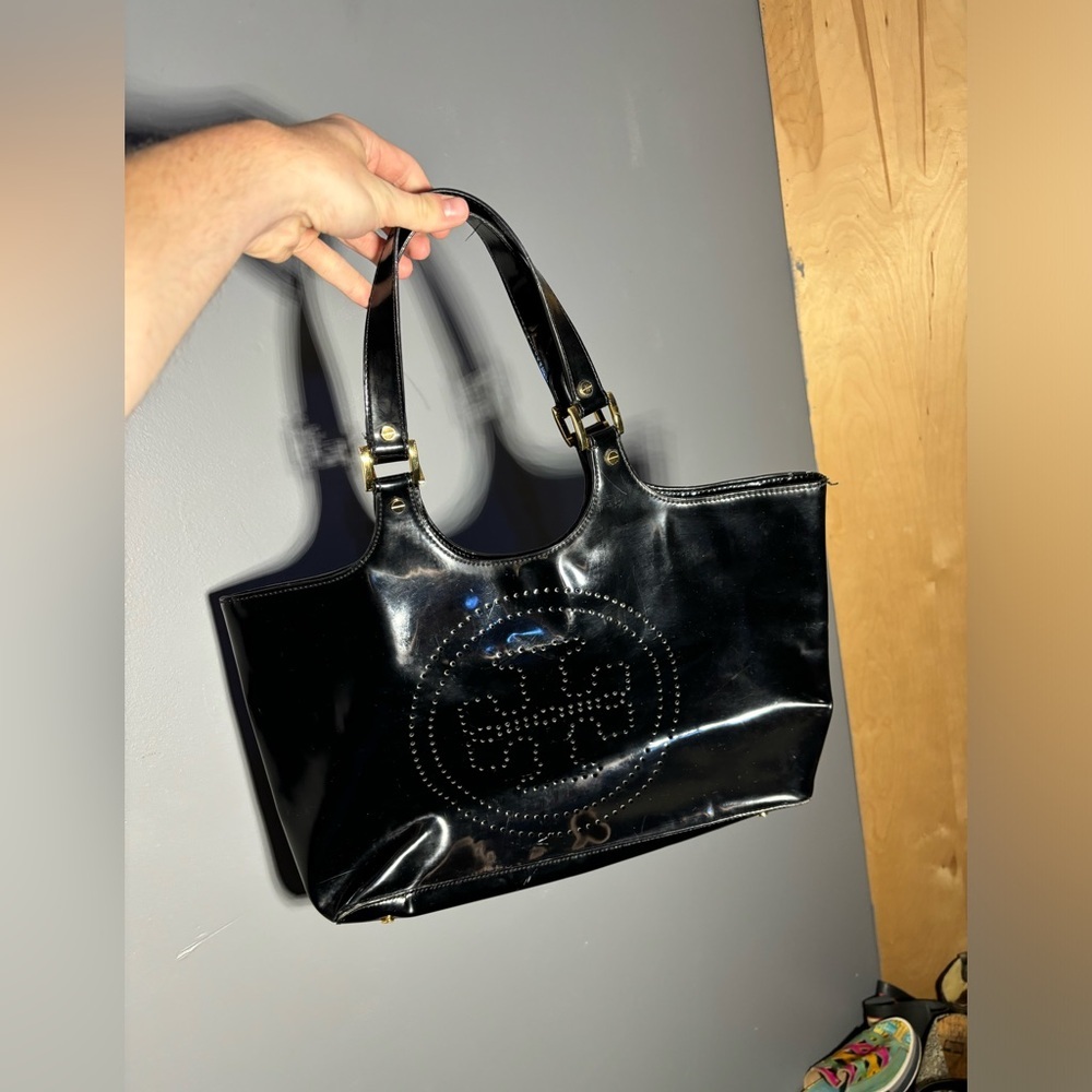 Tory Burch Bombe Black Patent Leather Tote